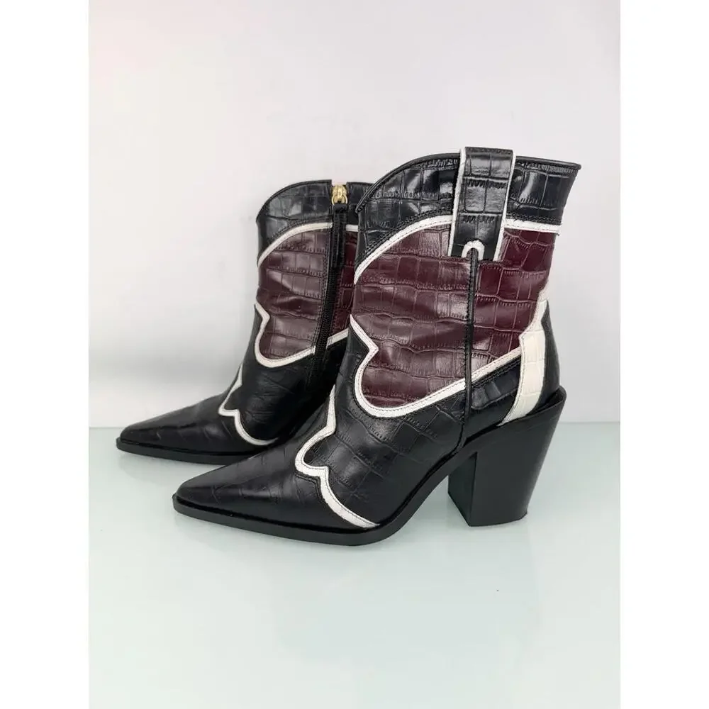 Zara Croc Embossed Western Ankle Boots Black Re Leather Pointed Toe EU 36 US 6